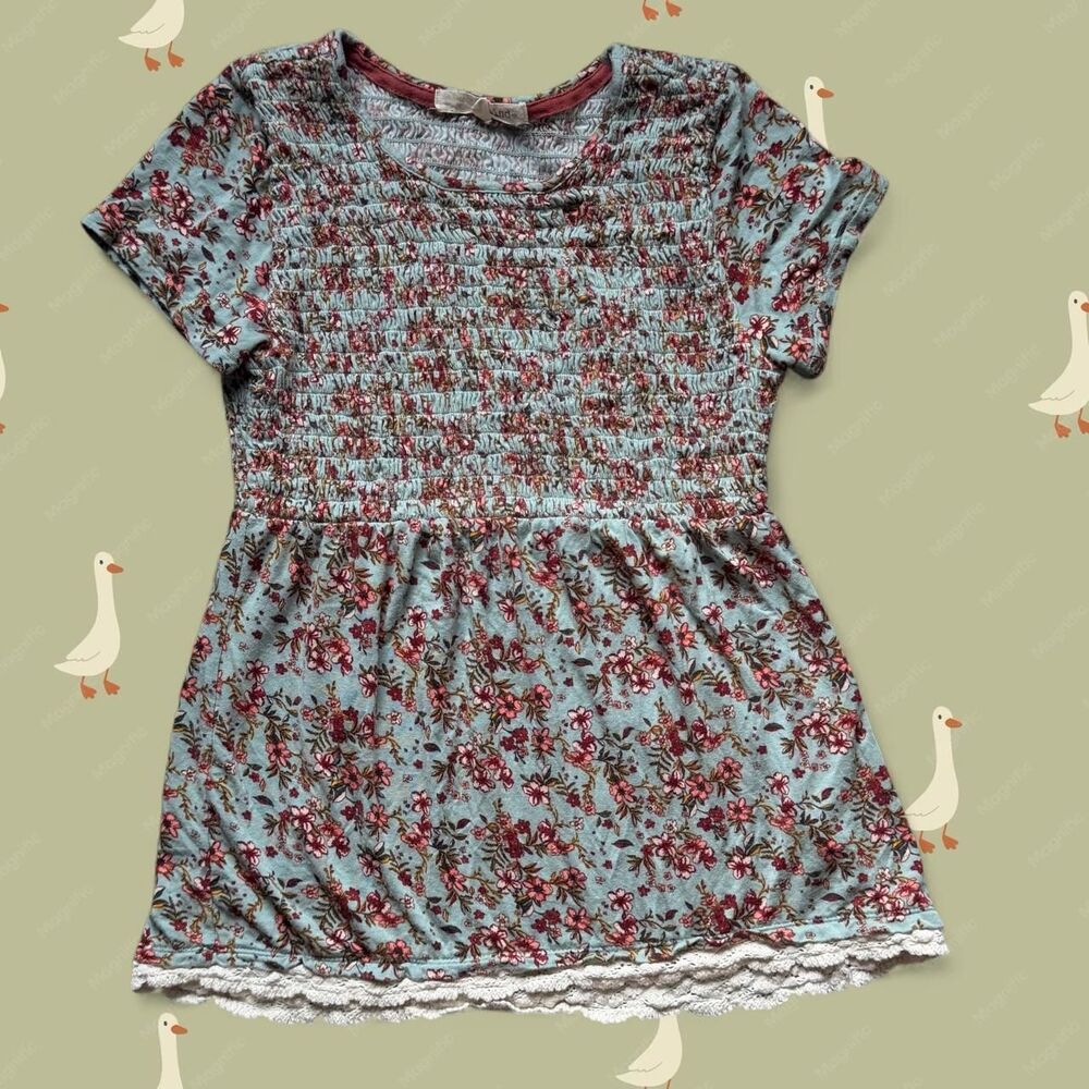 Coquette Light Blue Floral Crochet Trim Smocked Top Rewind - Small